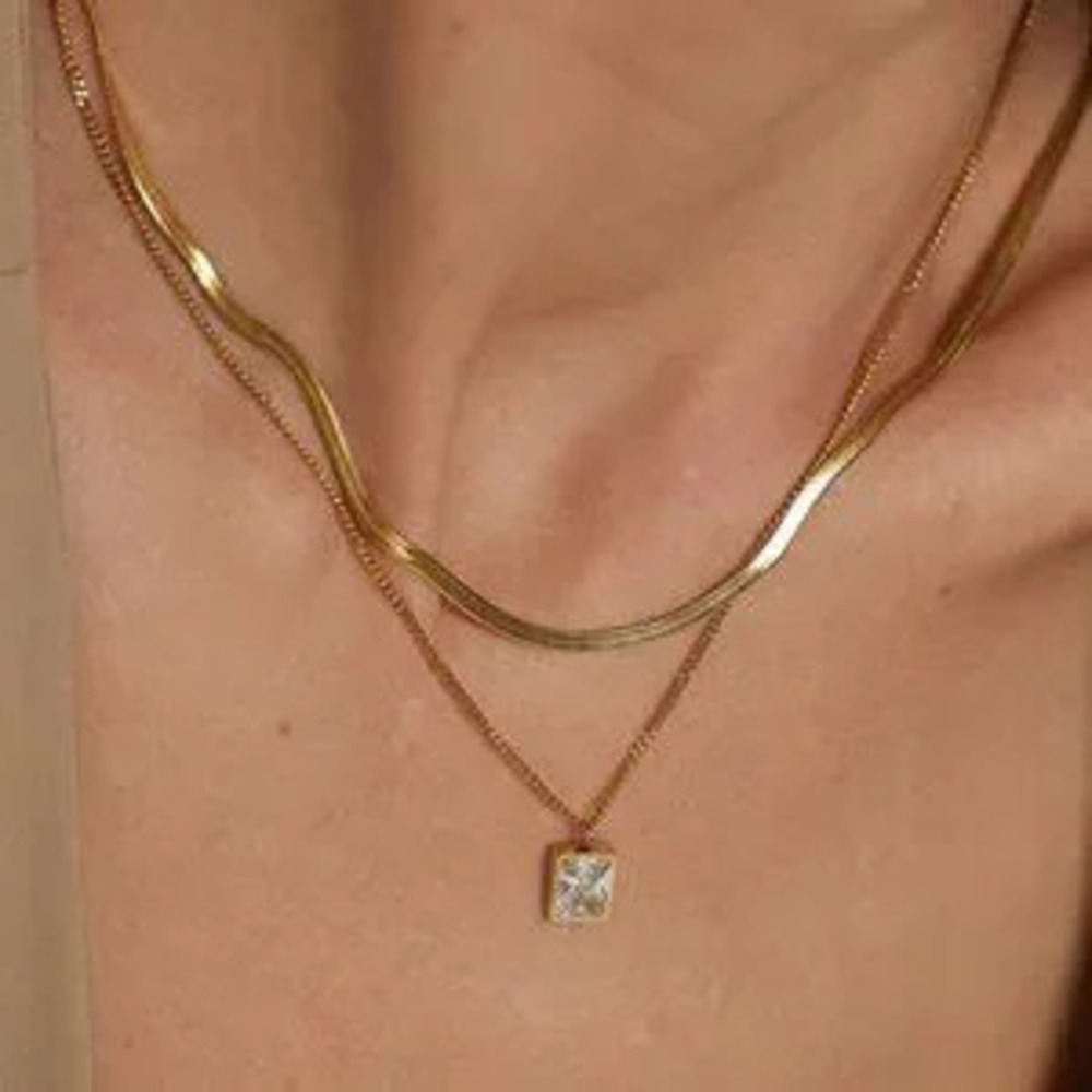 18K Gold Plated Flat Herringbone Double Layer Necklace